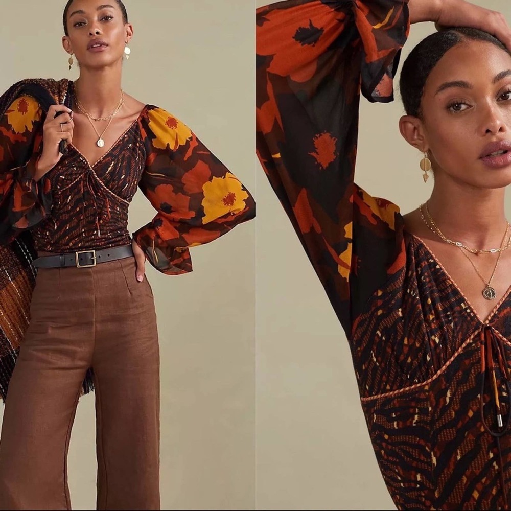 Anthro Conditions Apply Floral Tiger Print Blouse Long Sleeves Orange Bl…